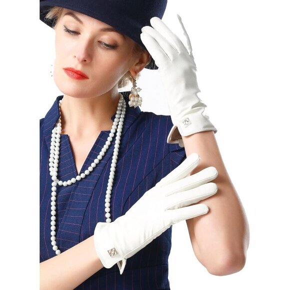 ❤️Women's White Italian Leather Gloves Lambskin Winter Comfort  Gloves - Picture 1 of 9